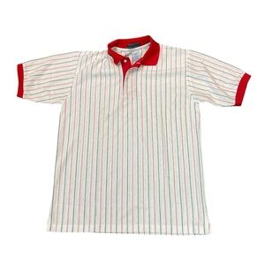Hilton Polo Vintage White Red Black Striped Short Sleeve Made in USA Size Medium